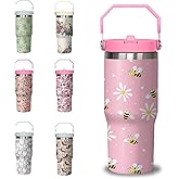 Xchearser Bee Tumbler with Handle and Flip Straw for Women Men, 30oz Daisy Stainless Steel Insulated Cup, Water Bottle Travel Coffee Mug,Gifts for Animal Lovers