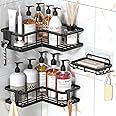 YASONIC Corner Shower Caddy, 3-Pack Shower Organizer Corner with Soap Holder and 4 Removable Hooks, Rustproof Corner Shower Shelves, No Drilling Shower Shelf for Inside Shower, Black