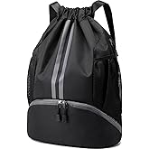 Hoedia Sports Drawstring Backpack - String Swim Gym Bag with Shoes Compartment and Wet Proof Pocket for Women&Men