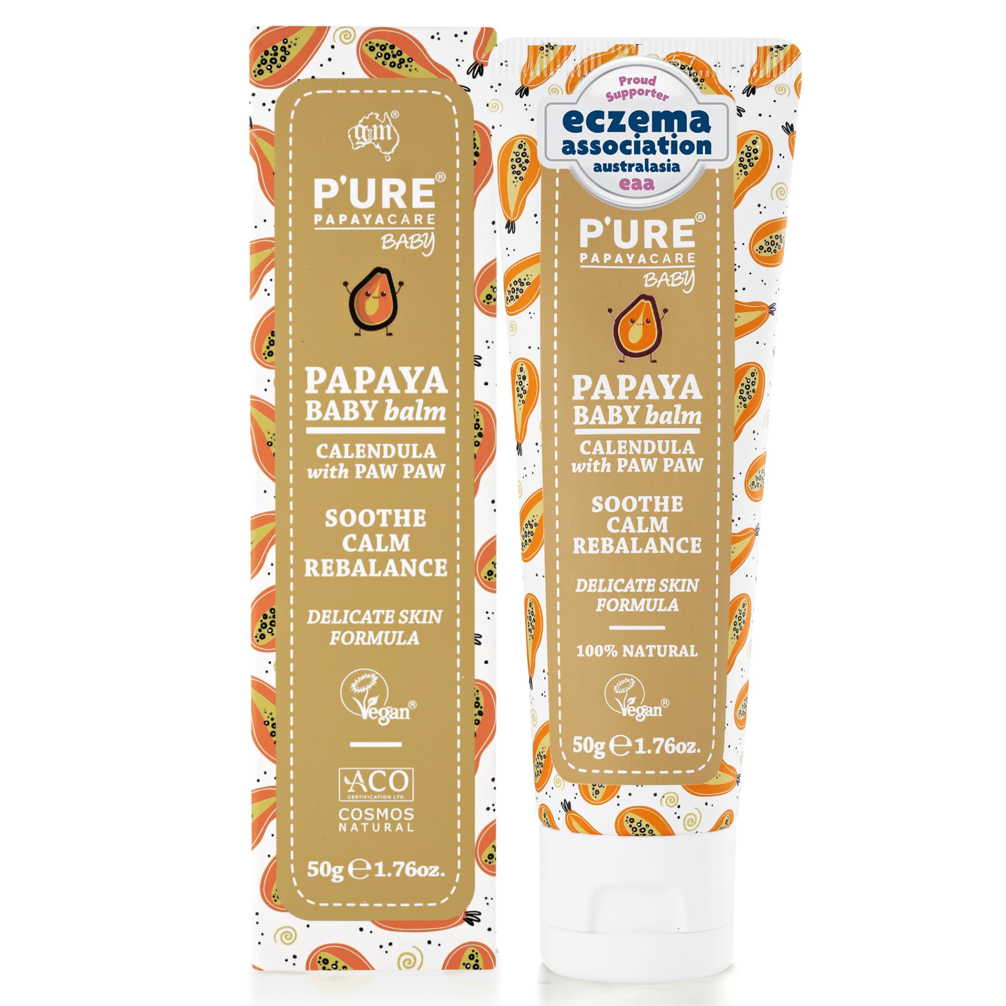 50g Organic Baby Moisturising Cream - Nappy Rash, Cradle Cap & Eczema Treatment for Babies with Papaya, Jojoba Oils, Calendula, Chamomile & Shea Butter | P'URE Papaya Care Organic Baby Balm