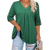 Siddhe Plus Size Tops for Women, 3/4 Length Sleeve Womens Tops Loose Fit Tunic for Women for Work V Neck Blouses Business Casual Shirts Babydoll Fall Winter, Green, XL