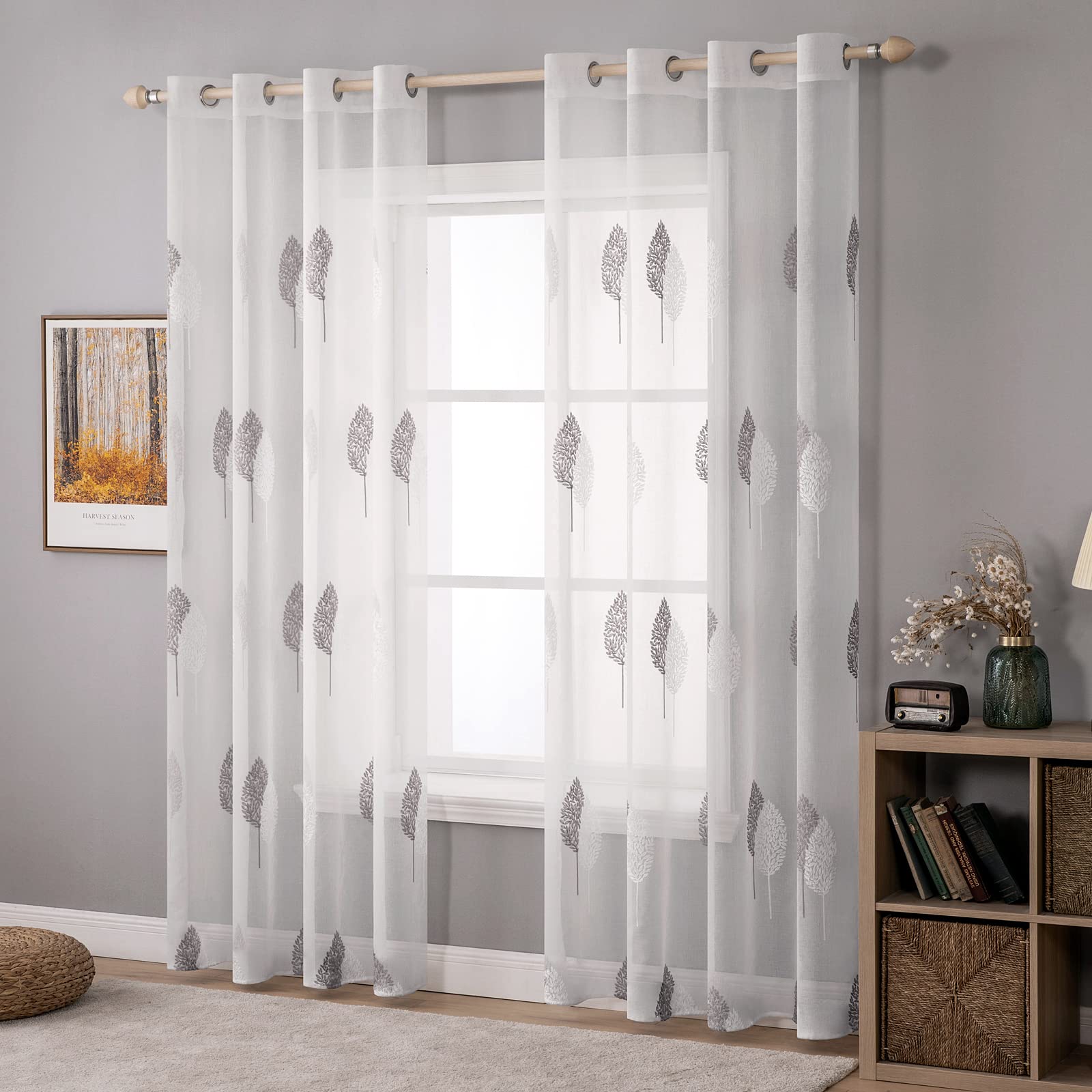 MIULEE Leaves Embroidery Sheer Curtains Christmas Decoration Grommet Window Curtain Semi Voile Drapes with Eyelets Window Treatments for Living Room Bedroom Big Leaves Grey 2 Panels 55" W x 102" L