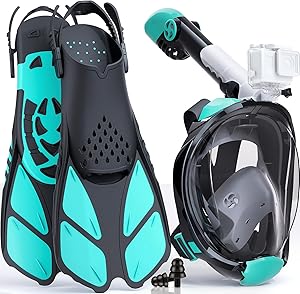Schnorchelset für Erwachsene, Faltbare Vollgesichtsmaske mit Flossen, CO2-sicher, Anti-Beschlag & auslaufsicher inkl. Tragetasche - Schnorchelmaske Erwachsene für Schnorchelurlaub
