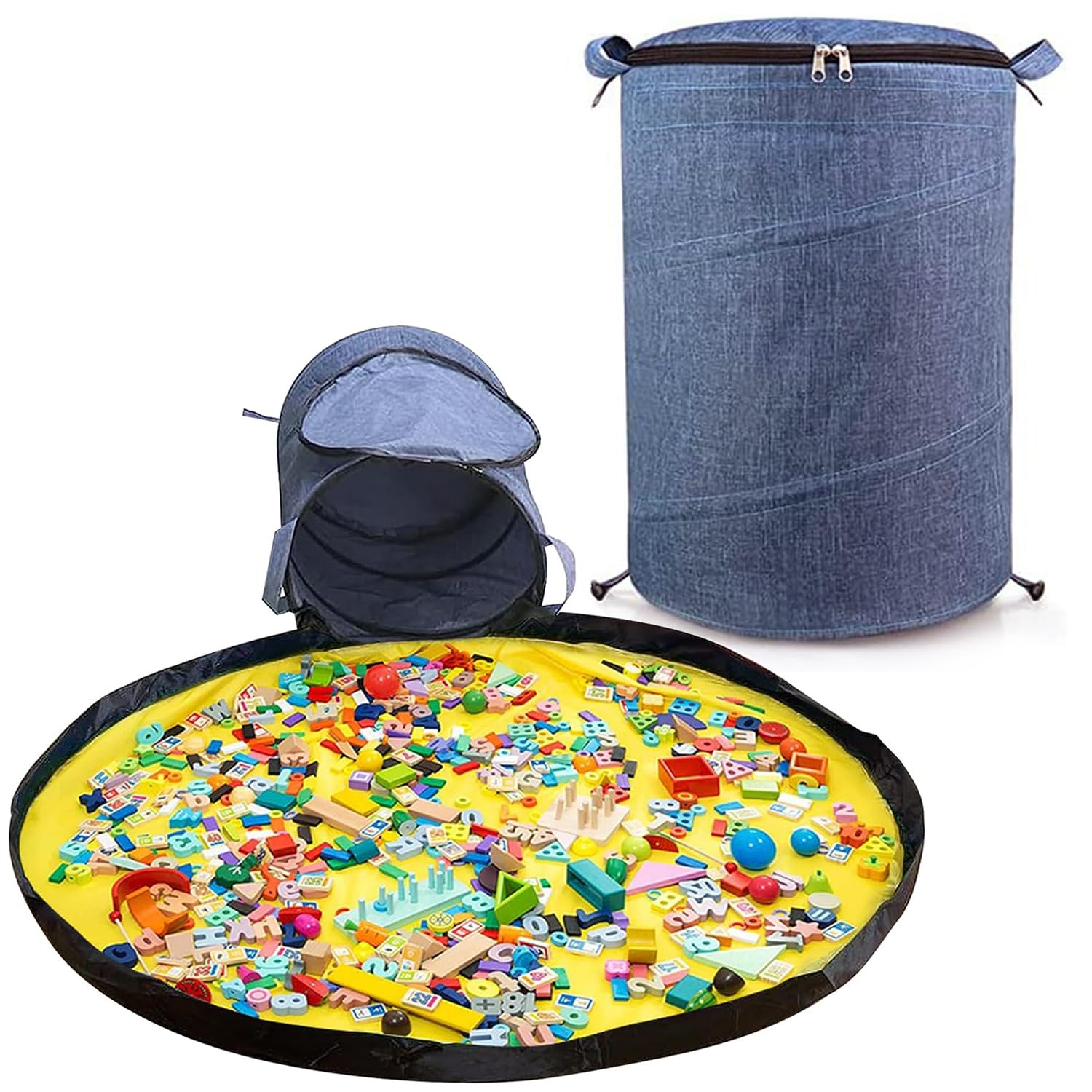 Modojuny Kids' Toy Storage Organizers with Play Mat, Large Kids Canvas Bag/Bin with Zipper for Building Blocks, Cars, Dolls and Other Toys - Blue