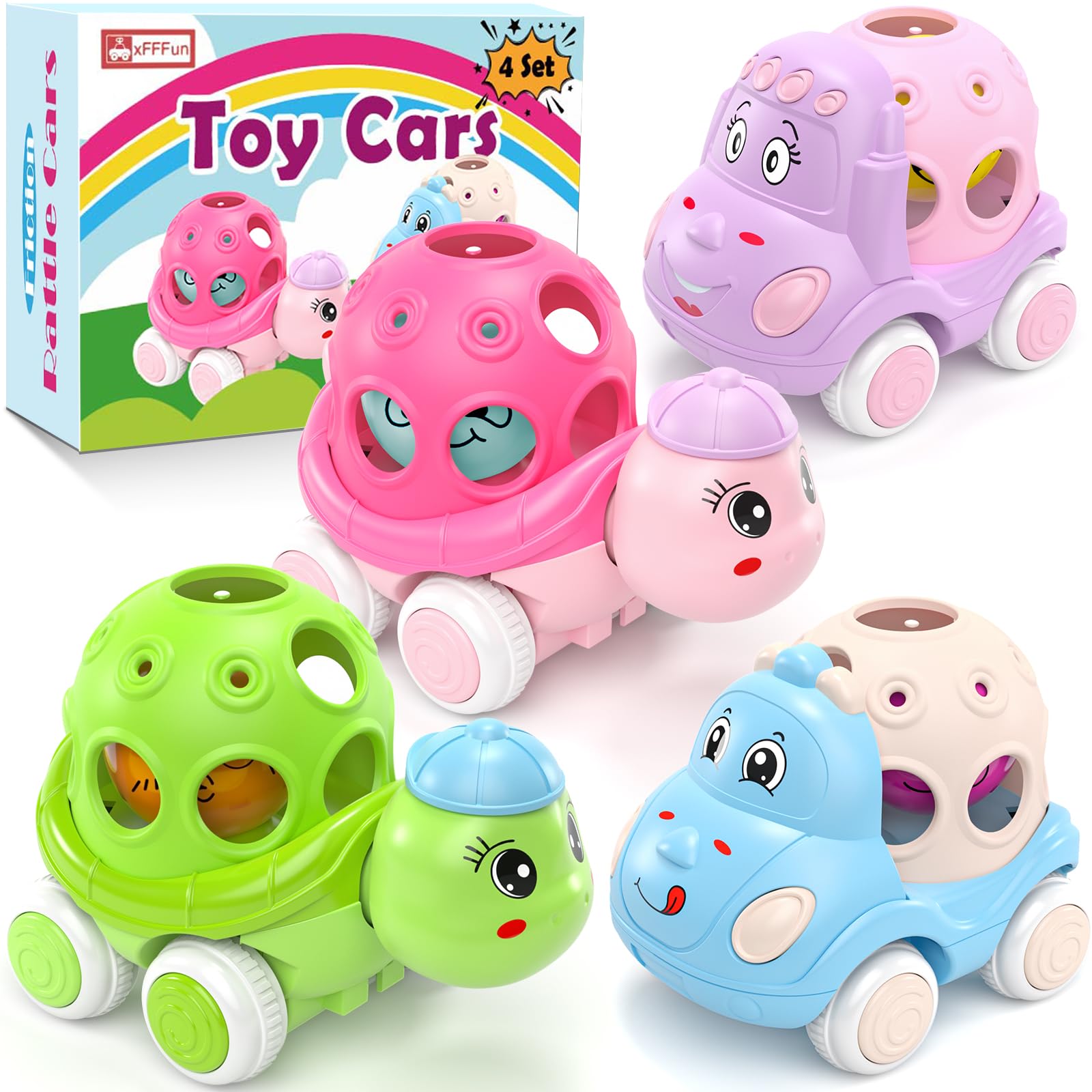 Photo 1 of Baby Car Toys for 6-12 12-18 Months 1 Year Old Girls- 4 Pack Rattle Push N Go Cars for Toddlers 1-3 Years, Infant Trucks Toys for Babies Girl Boy 1yr 2yr First Birthday Gifts