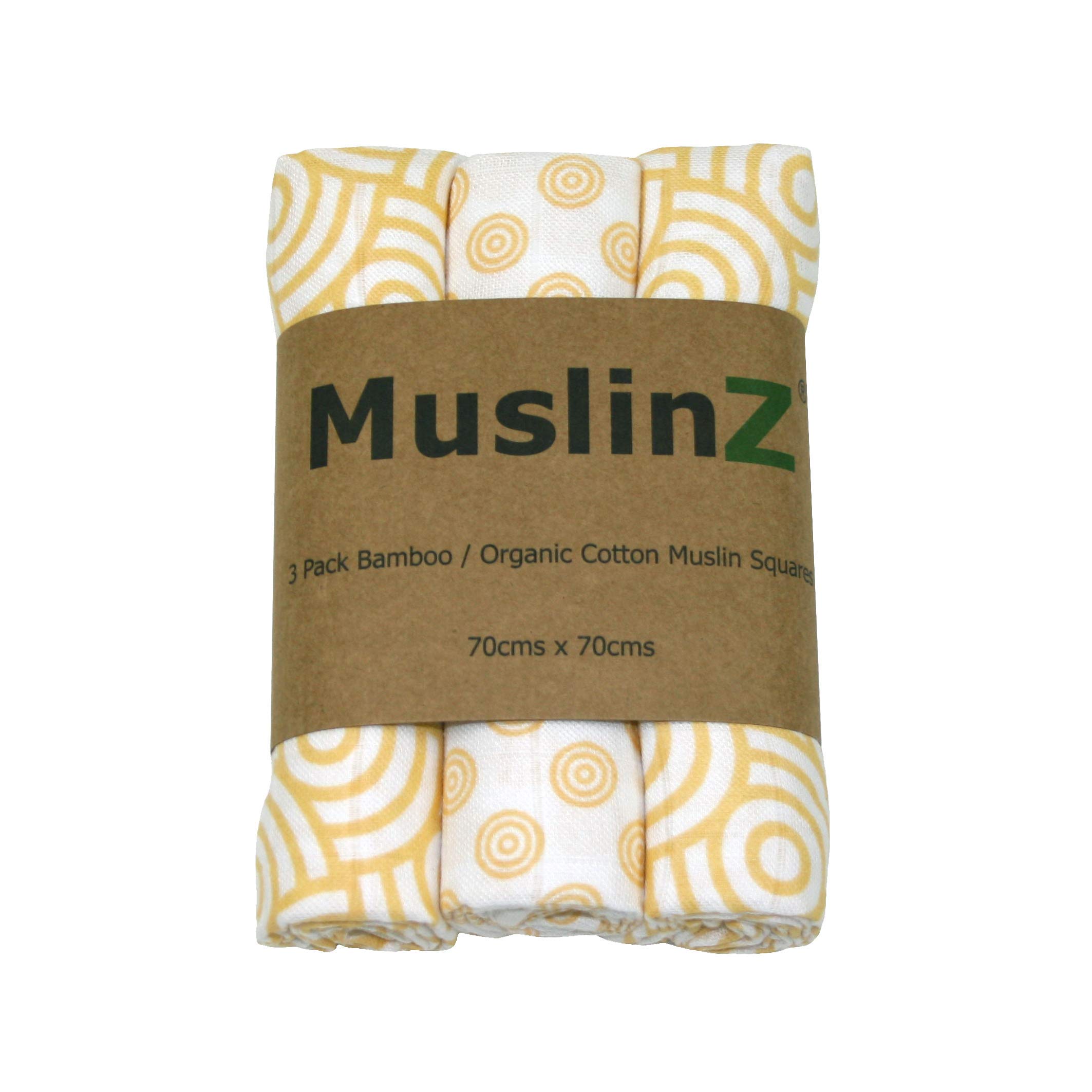 MuslinZ 3PK Bamboo/Organic Cotton Muslin Squares, Burp Cloths 70 x 70cm (Gold Swirl)