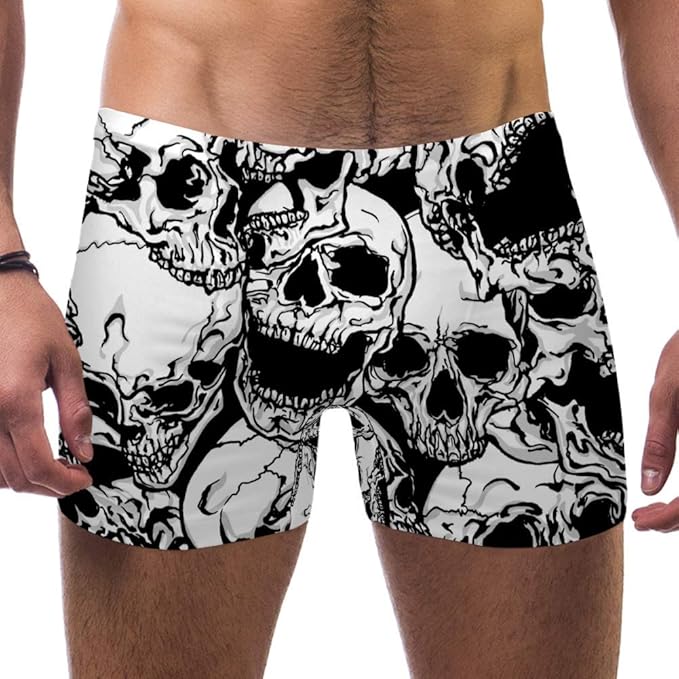 LORVIES - Calaveras blancas y negras en estilo moderno con tatuajes para hombre, bañador corto de pierna cuadrada de secado rápido, S