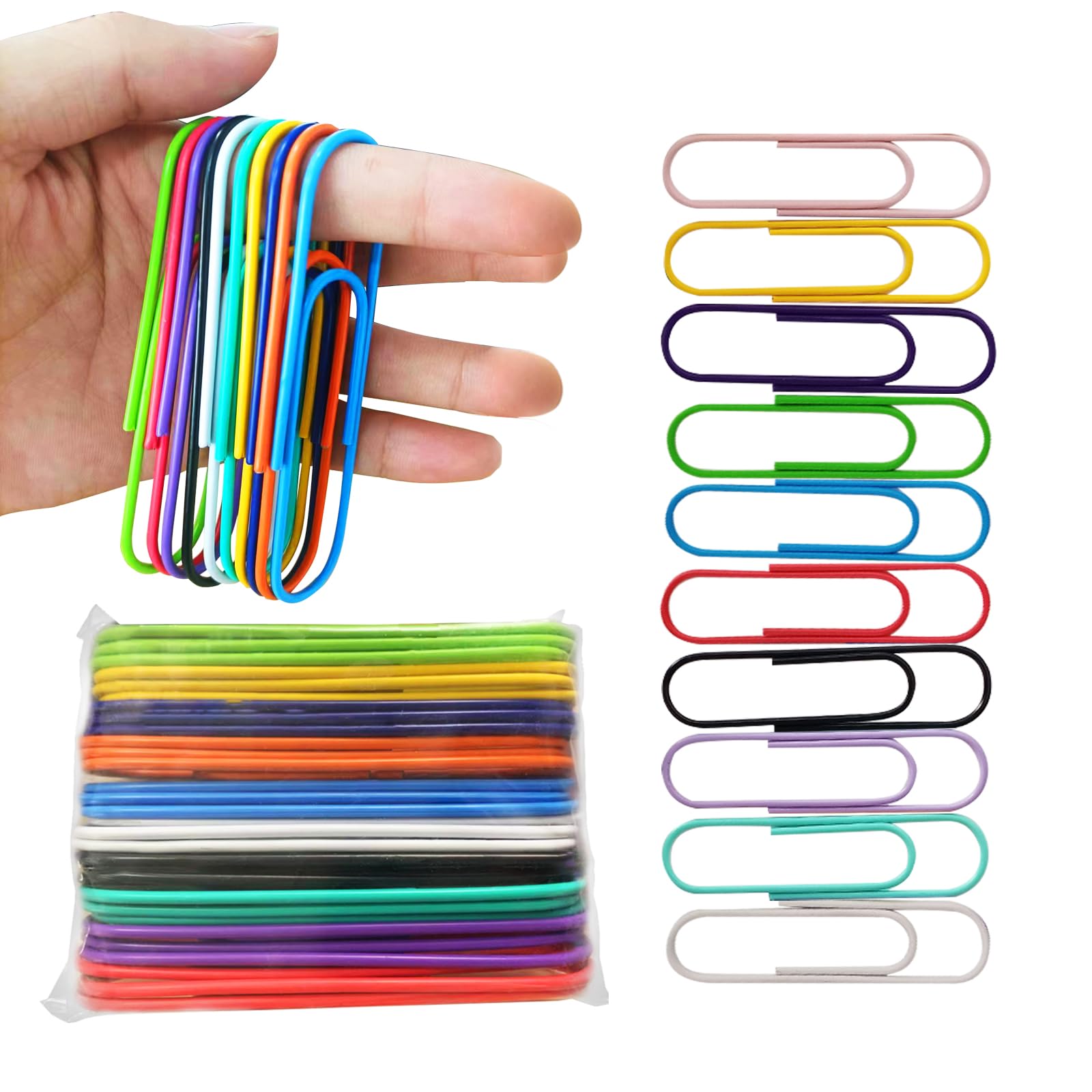 Colourful Paper Clips, Large, Pack of 30 Bright Vinyl Coated Jumbo Paper Clips for Papers, School, Office Supplies, 10 cm