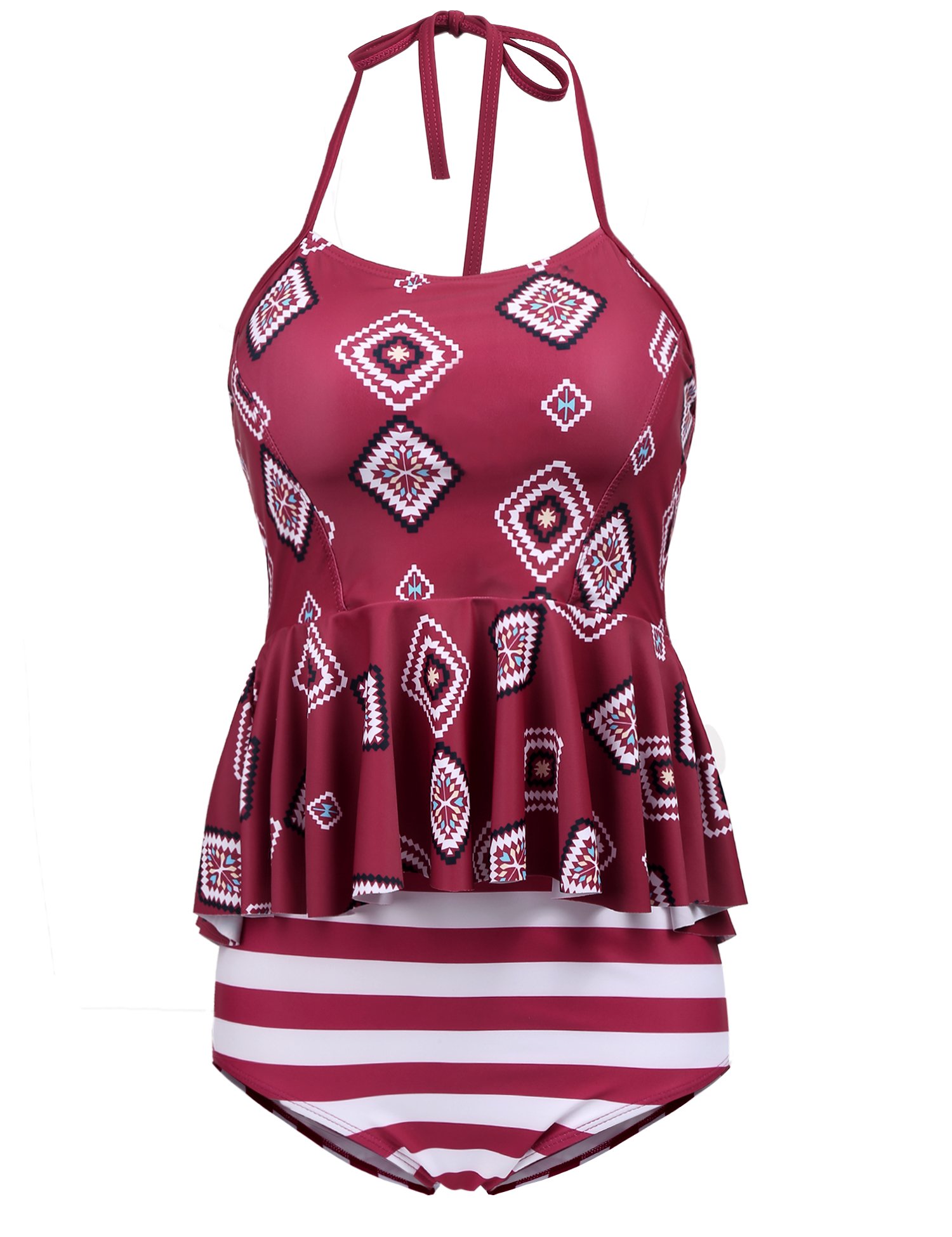 MAXMODA Women's Vintage Floral Print Ruffles Tankini Set Push up High Waisted Halter Peplum Swimsuit Set