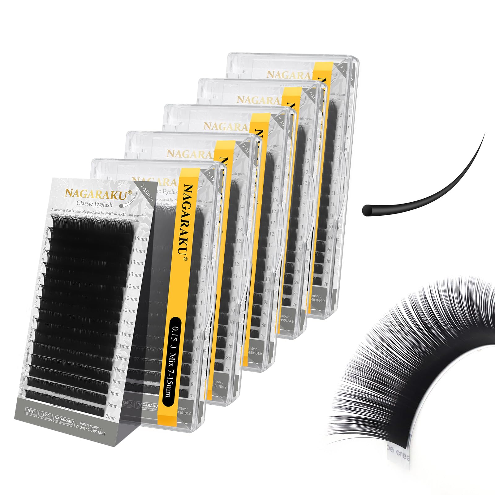 NAGARAKU Eyelash Extensions Classic J B C D N LC LD L DD CC LB Curl 0.03-0.20 Thickness 5-17mm, Matte Black Individual Lashes Professional Supplies for Lash Techs (0.15-J 7-15mm Mix 5 Trays) Image