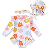 Renotemy Baby Girls Swimsuit Infant Bathing Suit with Hat Zipper Long Sleeve One-Piece Rash Guard Swimwear for Girl 3Month-3T
