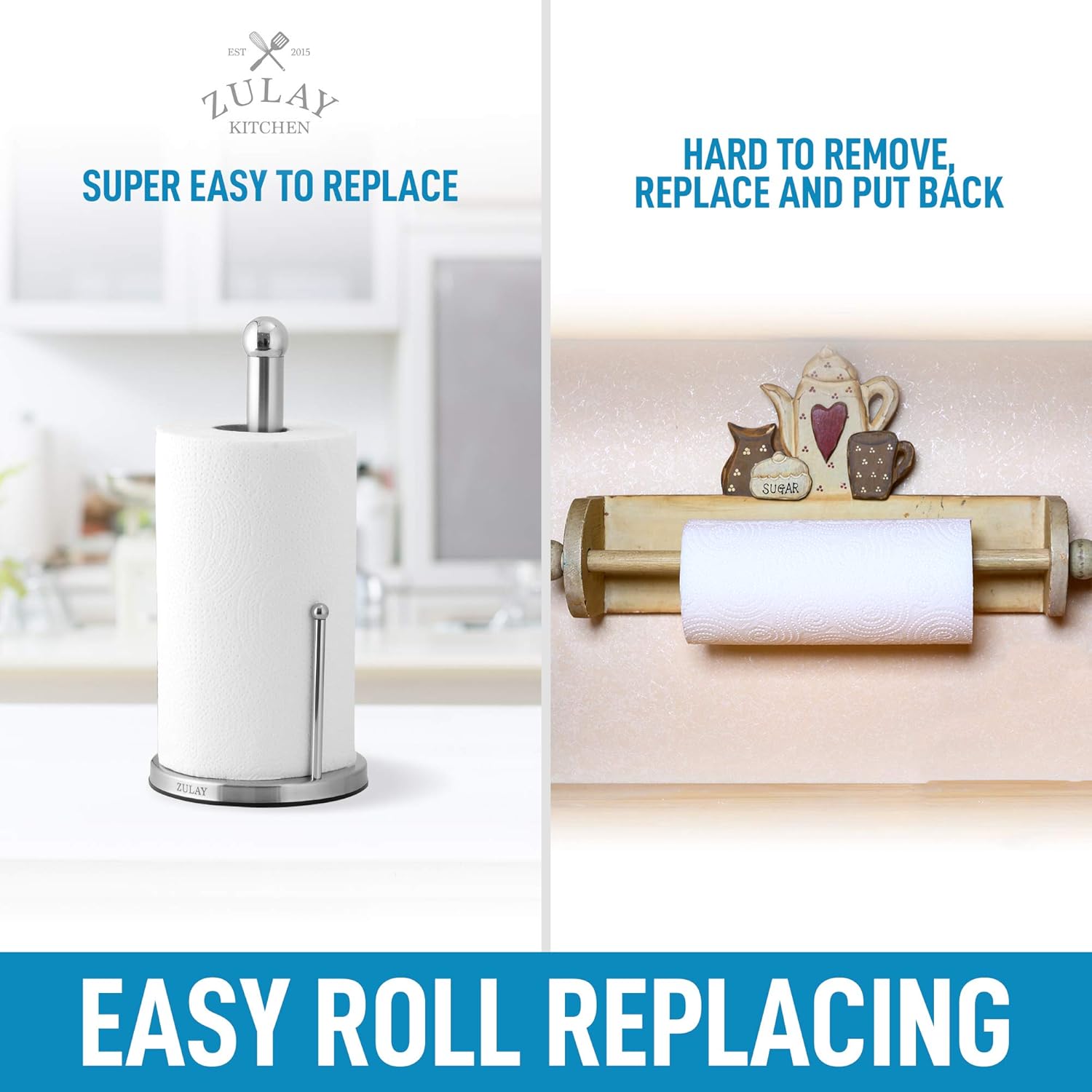 Zulay Stainless Steel Paper Towel Holder - Standing Paper Towel Holder Countertop Roll Dispenser for Standard & Large Sized Rolls - Easy One Handed Tear Paper Towel Holders for Kitchen & Dining Table -