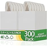 OEMVALATY 300Pcs 5.9x3.2x8.3 Inch Small White Paper Bags with Handles Bulk Gift Wrap Bags Kraft Paper Gift Bags for Birthday Party Favors Grocery Retail Business Shopping Merchandise Goody Craft Bags
