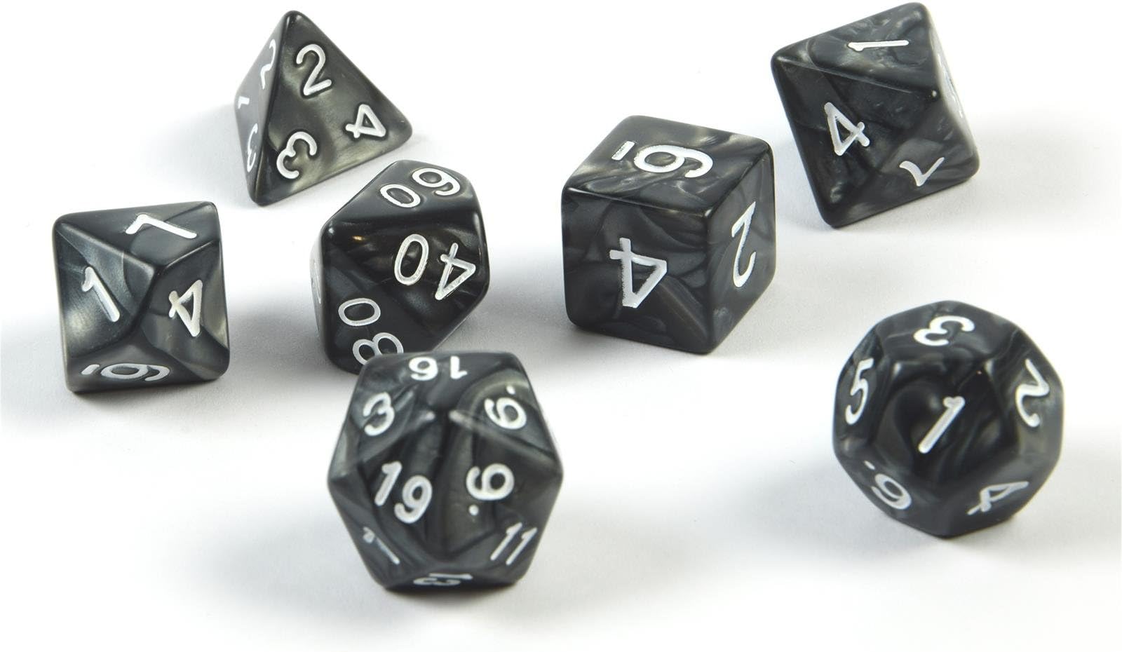 7x polyhedral cubes (dice set) for role and tabletop games in black including velvet bag