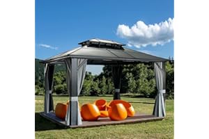 NOWENSOL 10'x13'Hard top Gazebo Patio Pavilion Double Room PC Roof Canopy Outdoor Aluminum Frame Permanent Metal Pavilion with Net and Curtain, Suitable for Backyard, Garden, Lawn (Grey)