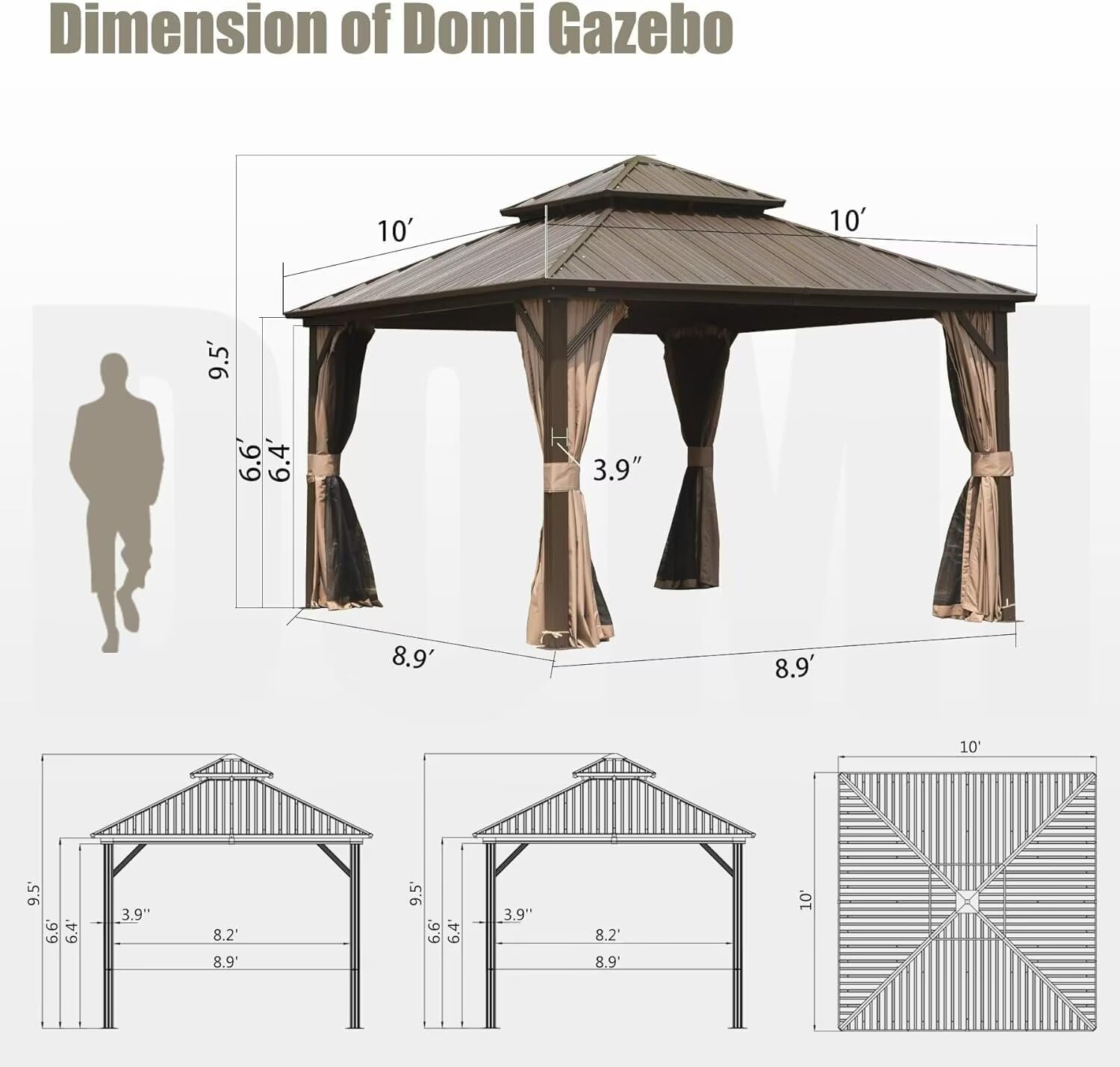 Detailed dimensions of the Domi Hardtop Gazebo, showing height, width, and roof pitch.