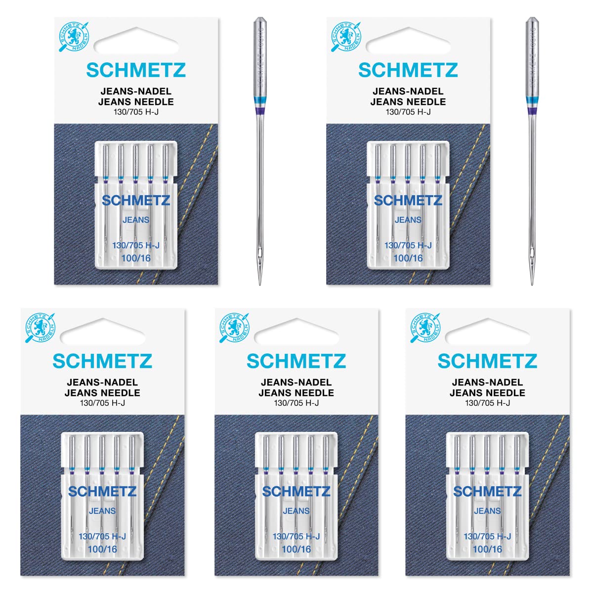 SCHMETZ Jean & Denim Sewing Machine Needles - Precision Needles for Heavy Fabric, Size 100/16, 5-Needle Cards, Pack of 5