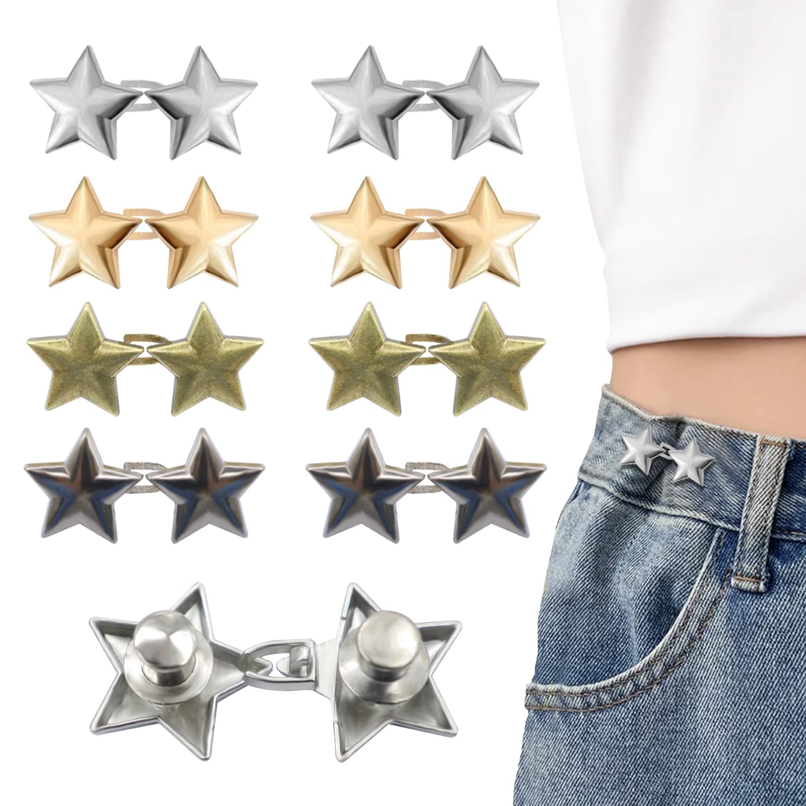 Photo 1 of Frutain 8 Set Pant Waist Tightener Star Buttons Pins for Loose Jeans Reusable Waist Cincher Clip Jean Waist Tightener for Clothing Dresses Skirts No Sewing Decoration Accessories