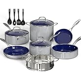 14PC Pots and Pans Set Non Stick Gray, Ceramic Cookware Set, 9H Diamond-Reinforced, Forged Aluminum Fast Even Heating, PFAS-Free, Stay-Cool Stainless Handles, Induction, Oven &amp; Dishwasher Safe