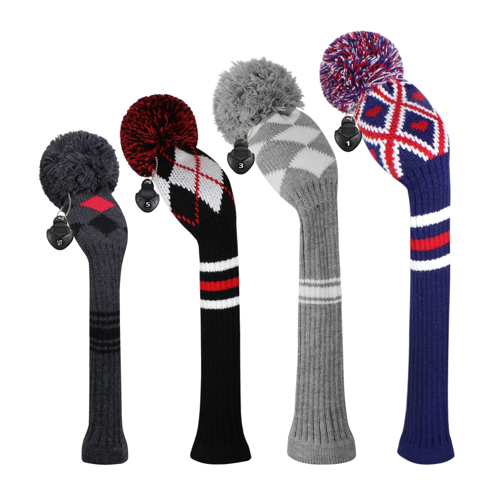 Scott Edward Knitted Golf Head Covers 4PCS Handmade Fit Well for Driver and Fairway Woods with Long Neck Pom Pom Golf Club Headcovers Set Colorful Multiple Colors
