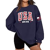 ASTANFY USA Letter Sweatshirt Womens Casual Long Sleeve Graphic Shirts American Team Flag CrewNeck Pullover Tops