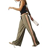 Athlisan Womens Athletic Wide Leg Trousers Side Stripes Drawstring Waist Casual Low Rise Palazzo Pants with Pockets