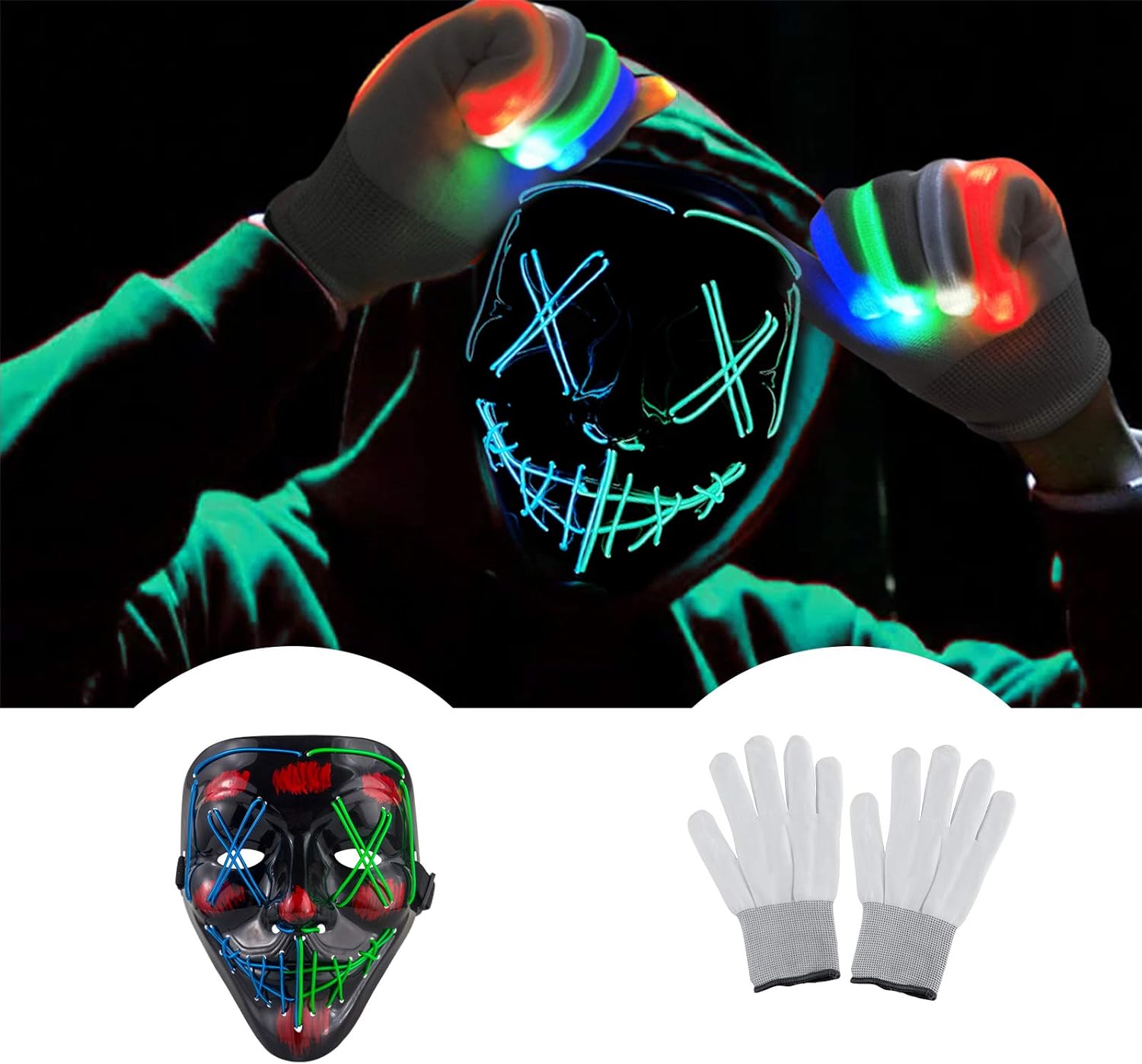 Halloween Scary Mask with LED Gloves Kit, LED Costume Mask EL Wire