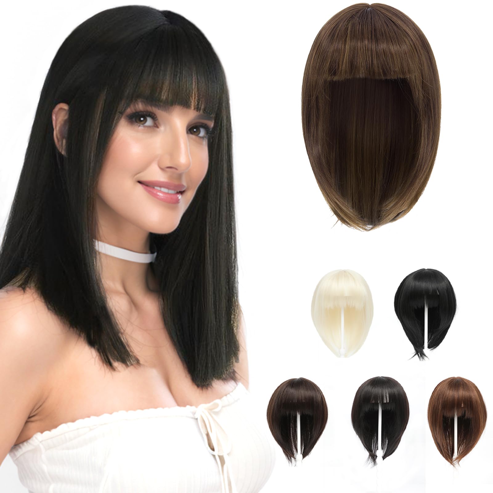 BUYOGET Dark Brown Mix Medium Brown Hair Topper Clip in Hair Pieces for Woman Short 12 Inch Clip in Toppers with Fringe for Thinning Hair