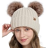 Creekstone Double Pom Pom Beanie Winter Hats for Women Girls, Warm Fleece Lined Beanie, Thick Knit Hat Faux Fur Bobble Hat