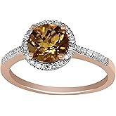 KOKAV 14K Rose Gold Genuine Citrine 7mm Round, Diamond Halo Ring. Size 7