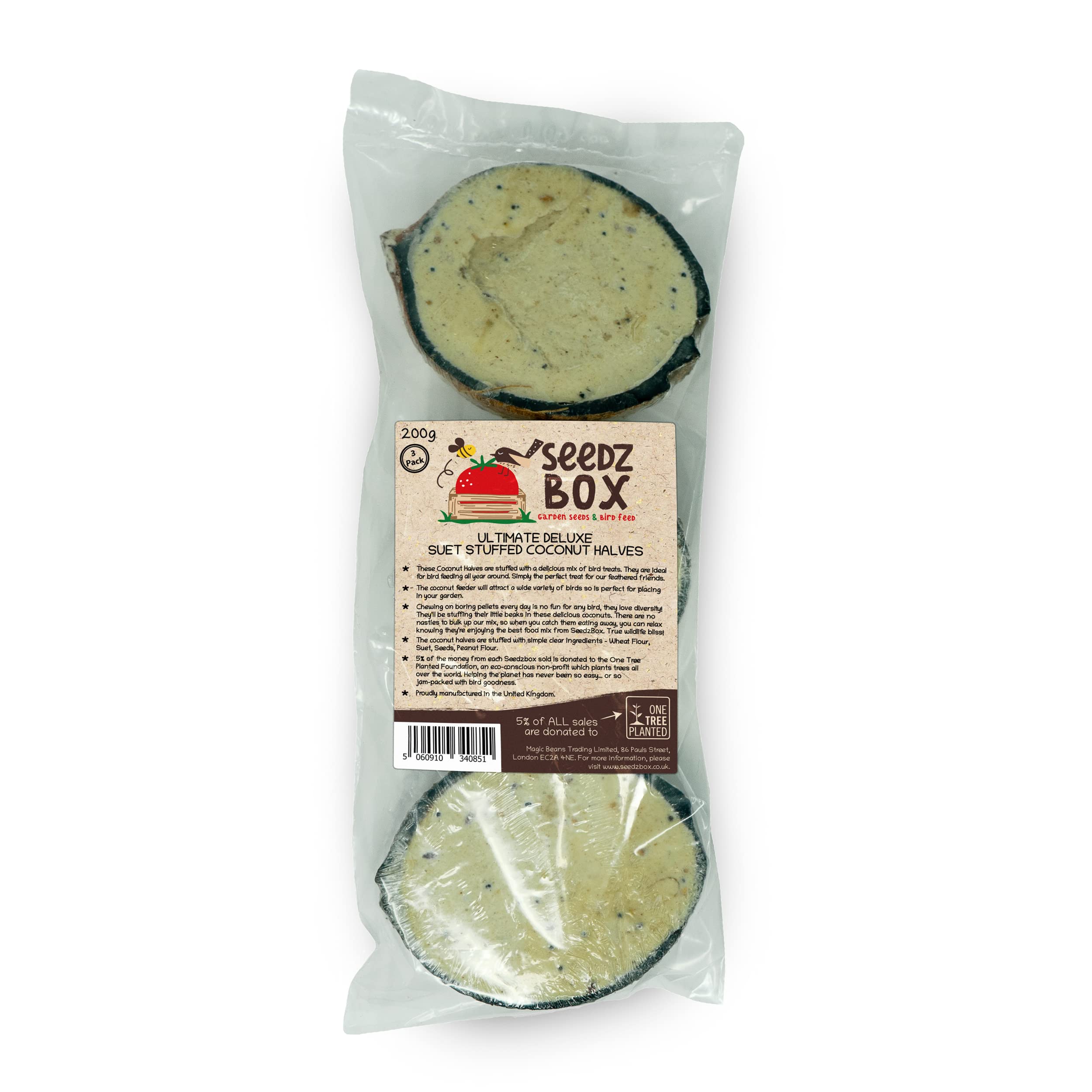 Coconut Suet Bird Halves - Seedzbox Deluxe Bird Coconut Halves - Suet Stuffed Feeder For Wild Garden Birds - 3 Pack of 200g Seedzbox - 600g