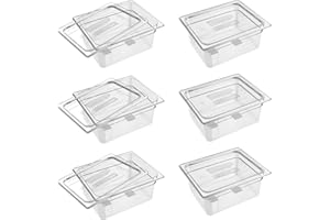 QMEEKI 6 Pack 1/2 Size 6'' Deep Clear Food Pans with Lids, Commercial Food Pans Polycarbonate Transparent Food Storage Containers, Stackable Plastic Pan with Capacity Scale, Restaurant Supplies Hotel Pan