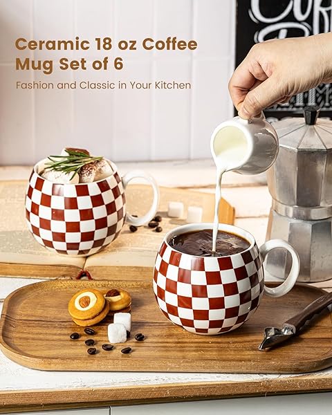 LAUCHUH PORCELAIN COFFEE MUGS – 18 OUNCE LARGE MUG SET OF 6 COFFEE CUPS WITH HANDLE FOR MOTHER’S DAY, TEA LATTE CAPPUCCINO MILK COCOA, DISHWASHER & MICROWAVE SAFE, BROWN AND WHITE