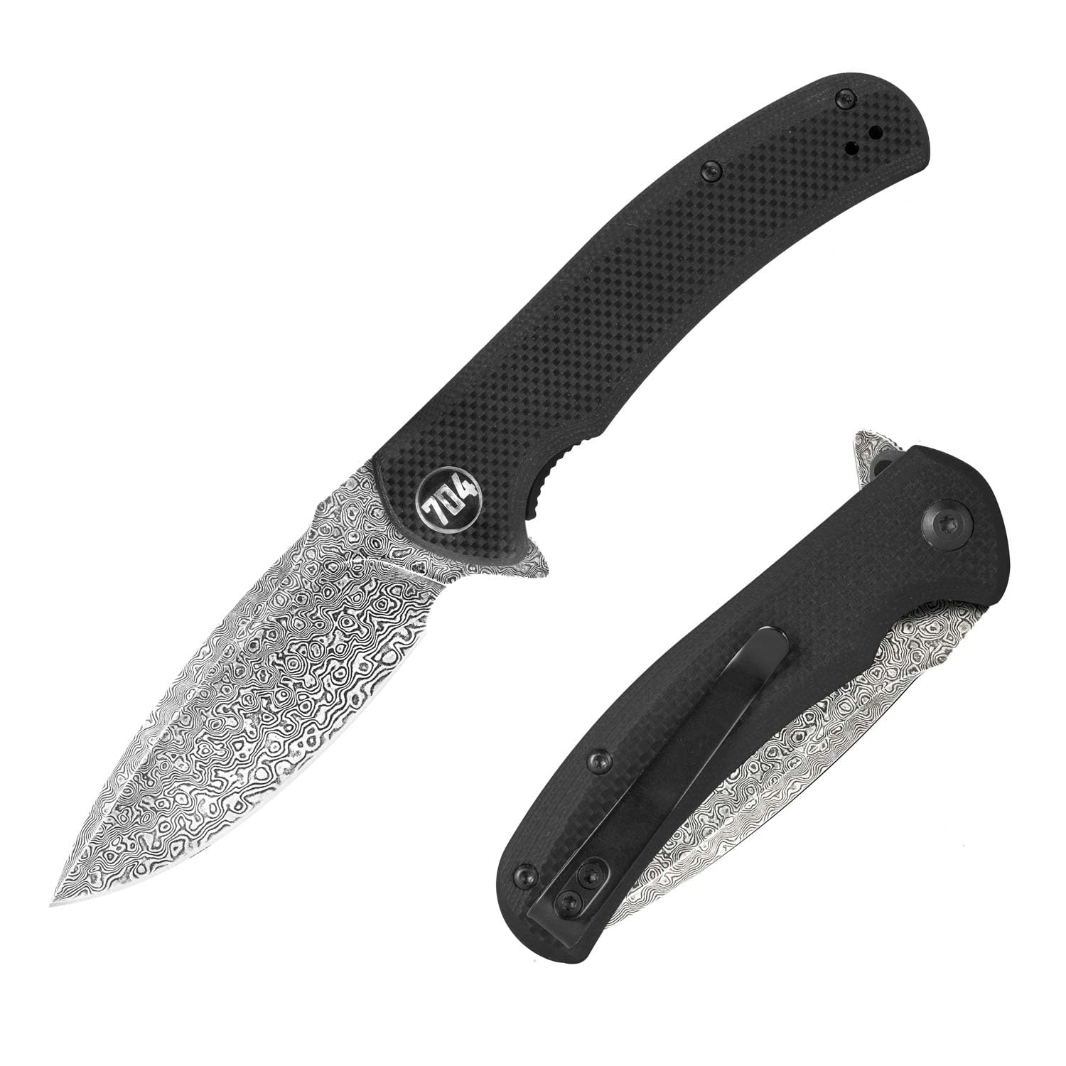 Photo 1 of 704 Gear Urban Ranger EDC Folding Pocket Knife | Full Size 3.74" Blade, Damascus Steel, G10 Handle, Reversible Pocket Clip | Black with Damascus Steel