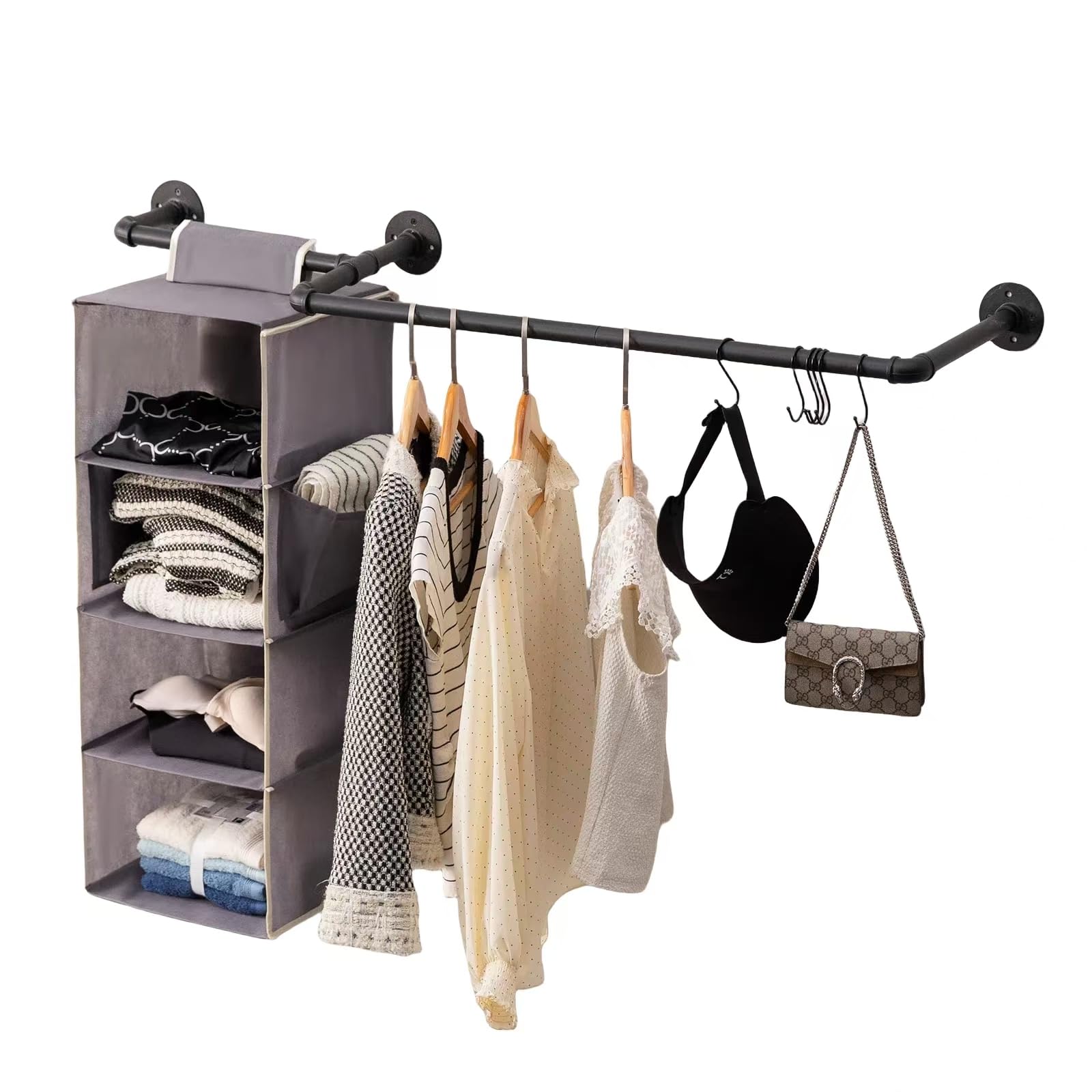 Photo 1 of Industrial  Clothing Rack with Hanging Shelves, Wall Mounted Garment Rack with Hooks, Heavy Duty Clothes Rods with Open Closet Organizer and Side Pockets,Multi-Purpose Clothing Hanging Rail