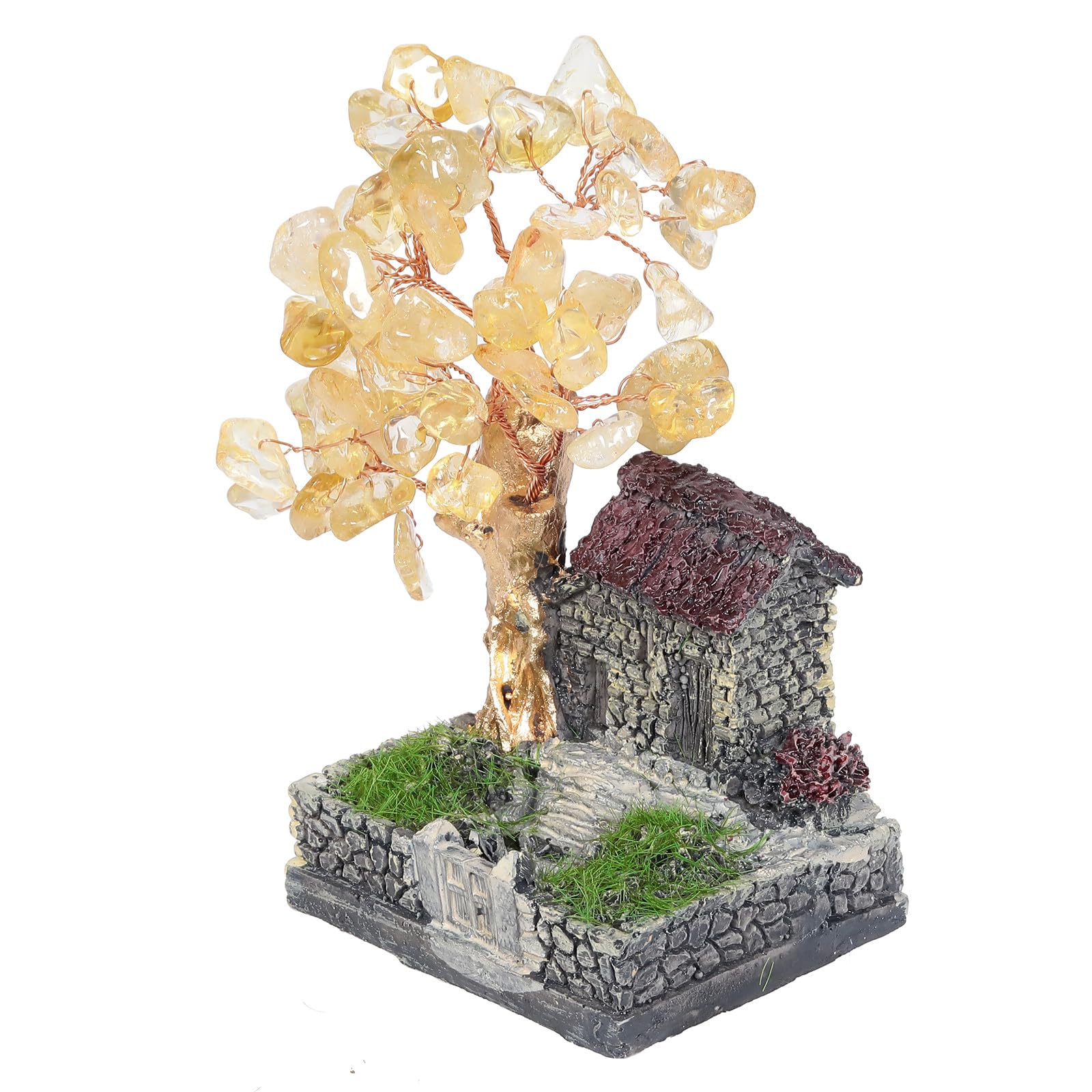 mookaitedecor 11cm Natural Citrine Crystal Tree House Rural Yard Ornament Micro Landscape Decoration Scenery Good Luck Yellow Room Decor, Healing Crystal Reiki Gift Oriental Ornament