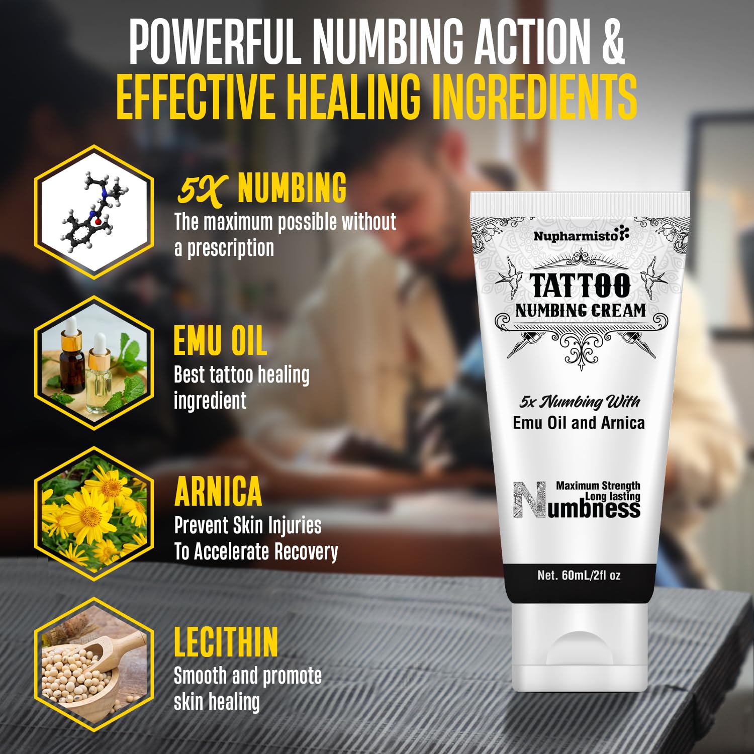 6 Hours Maximum Strength Numbing Cream Tattoo (2oz/ 60ml), Tattoo Numbing Cream for Tattoos Extra Strength with 5x Numbing, Emu Oil and Arnica. 2oz/ 60ml