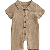 Honganda Summer Baby Boy Cotton Linen Jumpsuit Short Sleeve Button Down Playsuit Romper One Piece Outfit 0-24M