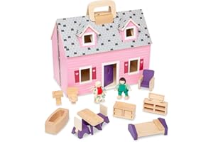 Melissa & Doug Fold and Go Wooden Dollhouse with 2 Dolls and Wooden FurniturePortable Small Dollhouse for Kids Ages 3+