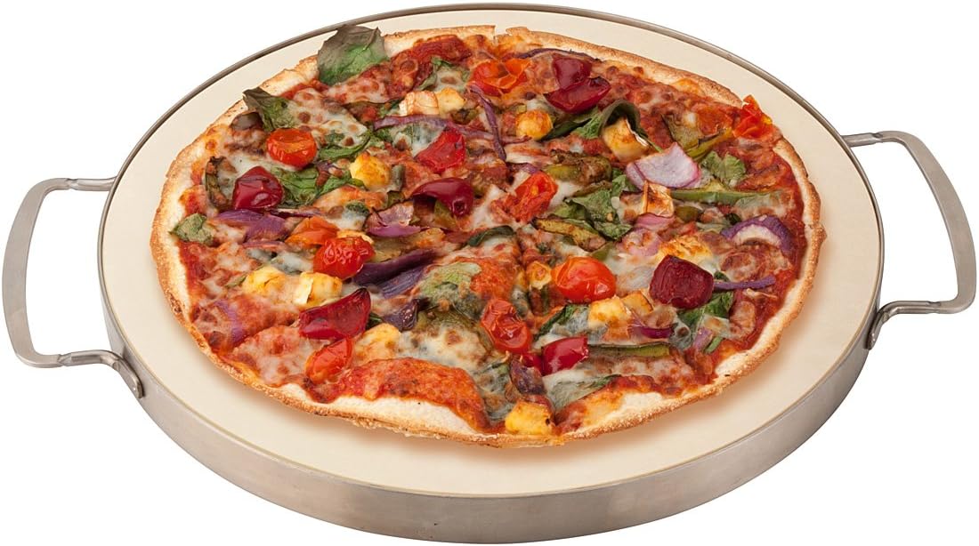 Round 13” Cordierite Pizza Stone with removable stainless steel frame and handles. Suited to oven or grill. Great for pizza, baking breads and cookies. Great when entertaining family and friends.