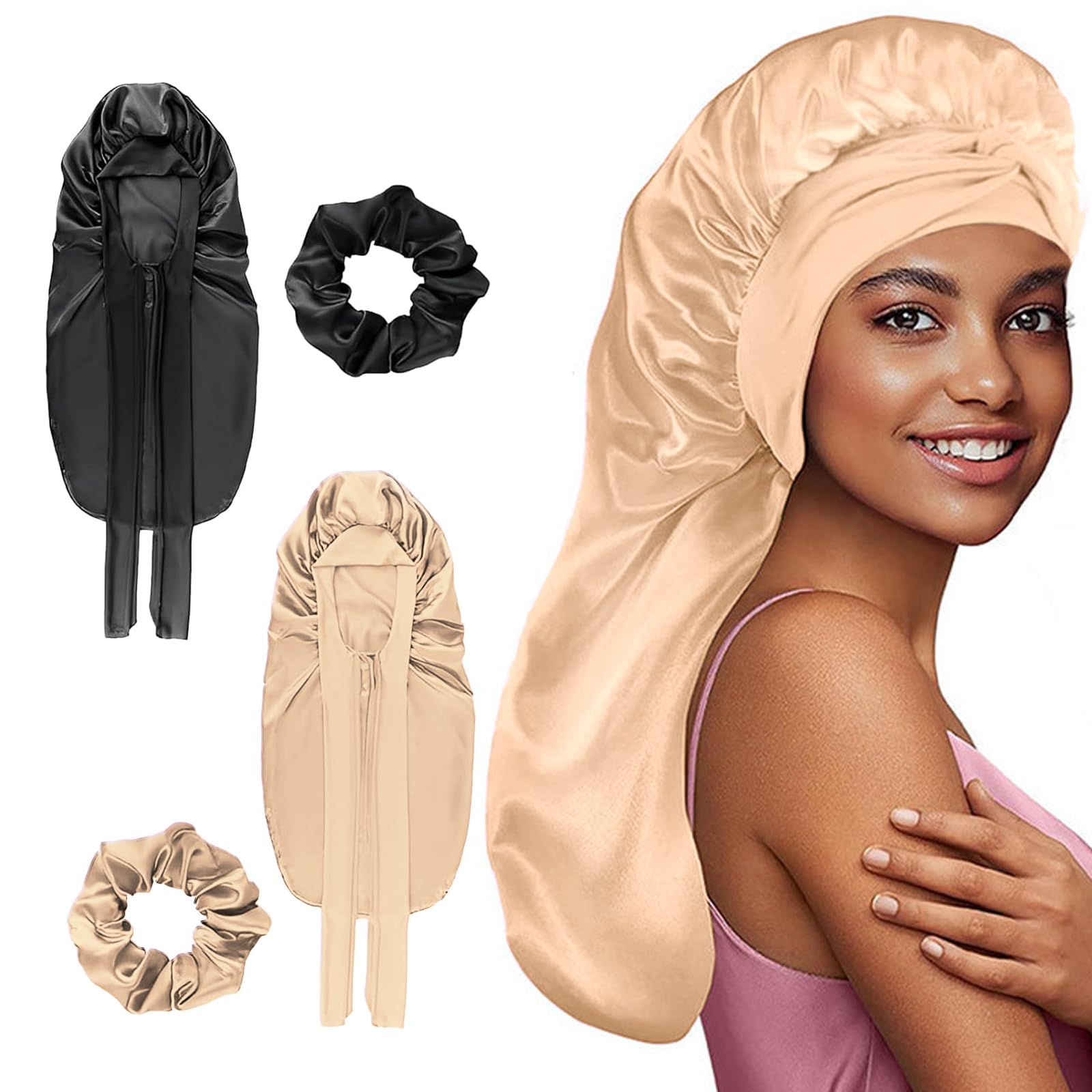 Bettinay 2 PCS Silk Bonnet for Sleeping Long Hair, Satin Wrap for Curly Hair With Tie Straps, Women Braid Bonnets Cap