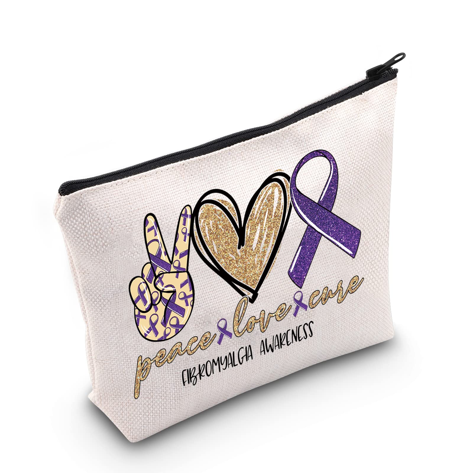LEVLO Fibromyalgia Awareness Cosmetic Make Up Bag - Warrior Gift with Awareness Ribbon, Zipper Pouch for Women & Girls