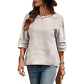 vinglam Women's Linen Blouses 3/4 Sleeeve Pure 100% Linen Crew Neck Tops Tshirts