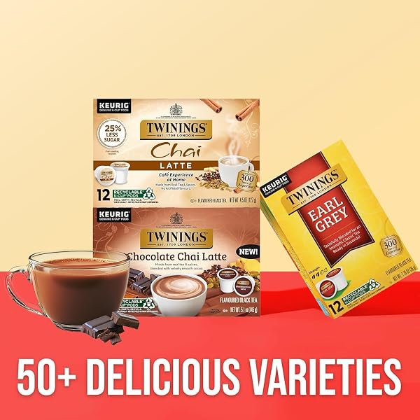 TWININGS CHOCOLATE CHAI LATTE TEA K-CUP PODS FOR KEURIG, VELVETY SMOOTH COCOA WITH REAL SPICED TEA, CAFFEINATED, ENJOY HOT OR ICED – 10 COUNT
