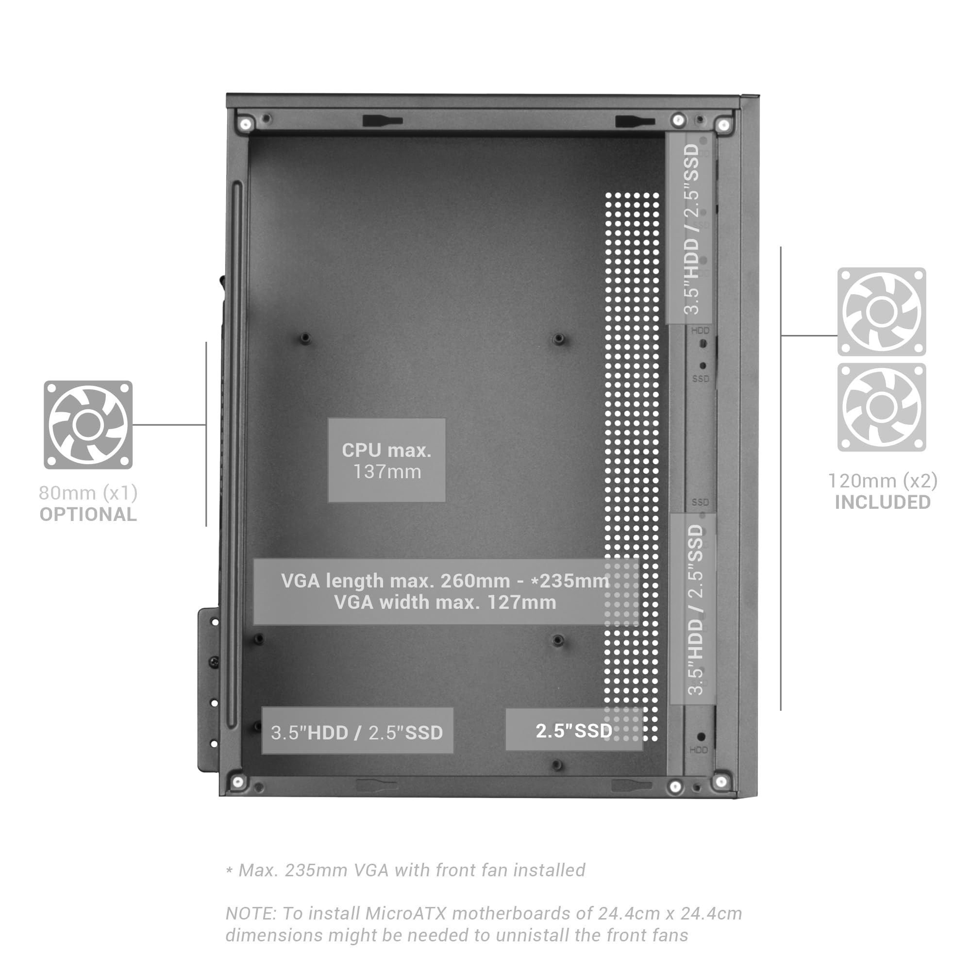 Mars Gaming MC-CORE, Ultrakompaktes MicroATX Gaming-Gehäuse, Frontdesign Metal-Mesh, 2X FRGB 120mm Lüfter, Seitliches Vollfenster, Mini-Tower PC mit USB 3.0, Weiß 6