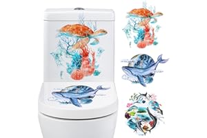 DTLIFEK 3PCS Under the Sea Toilet Seat Stickers Self-Adhesive Colorful Ocean Sea Life Toilet Lid Decals DIY Removable Fish Seaweed Coral Toilet Sticker for Cistern Bathroom WC Restroom Power Switch Home Decor
