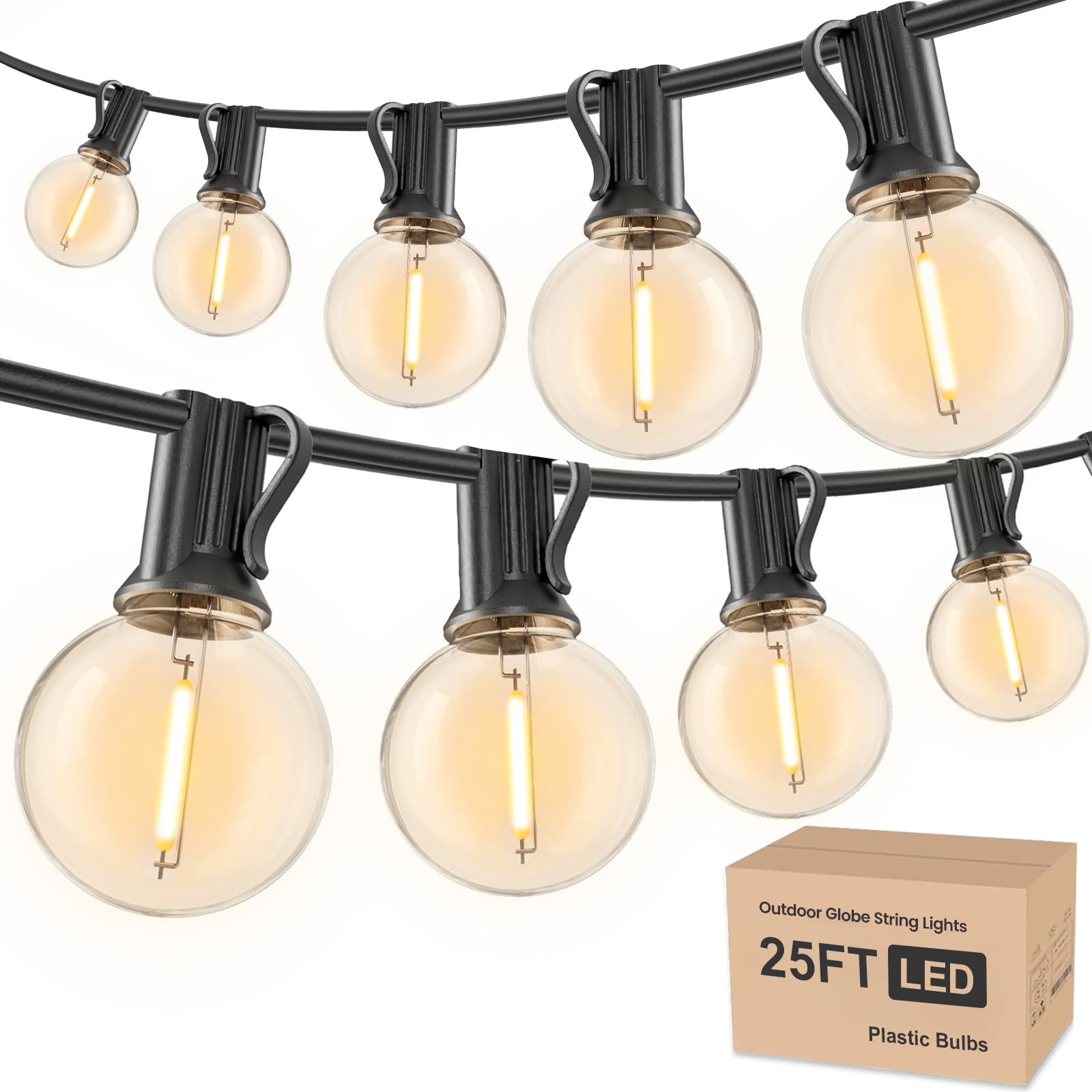 Photo 1 of RTTY Outdoor String Lights 25ft, G40 Led Patio Globe Lights with 13pcs Plastic Bulbs, Shatterproof Waterproof Connectable Hanging for Porch Cafe Bistro Backyard Gazebo Balcony Deck Party