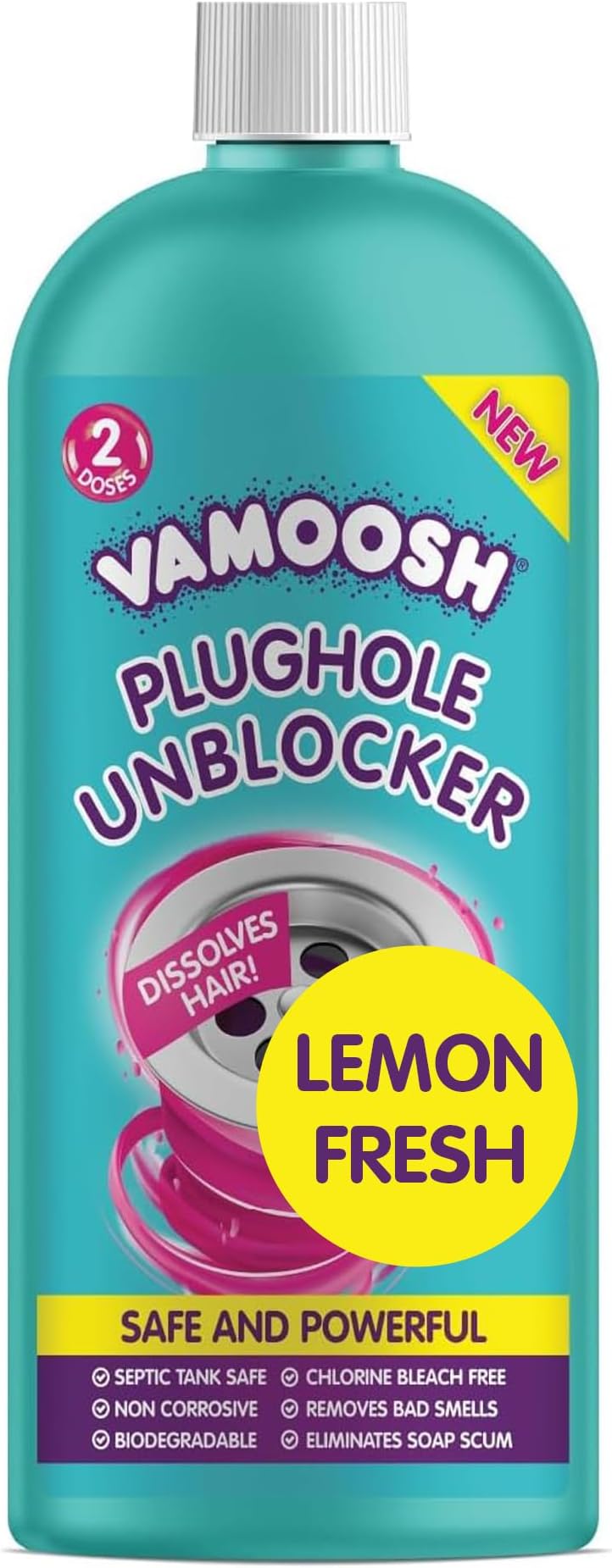 Vamoosh Plughole Unblocker 600ml - Drain Unblocker, Bleach-Free, Septic Safe
