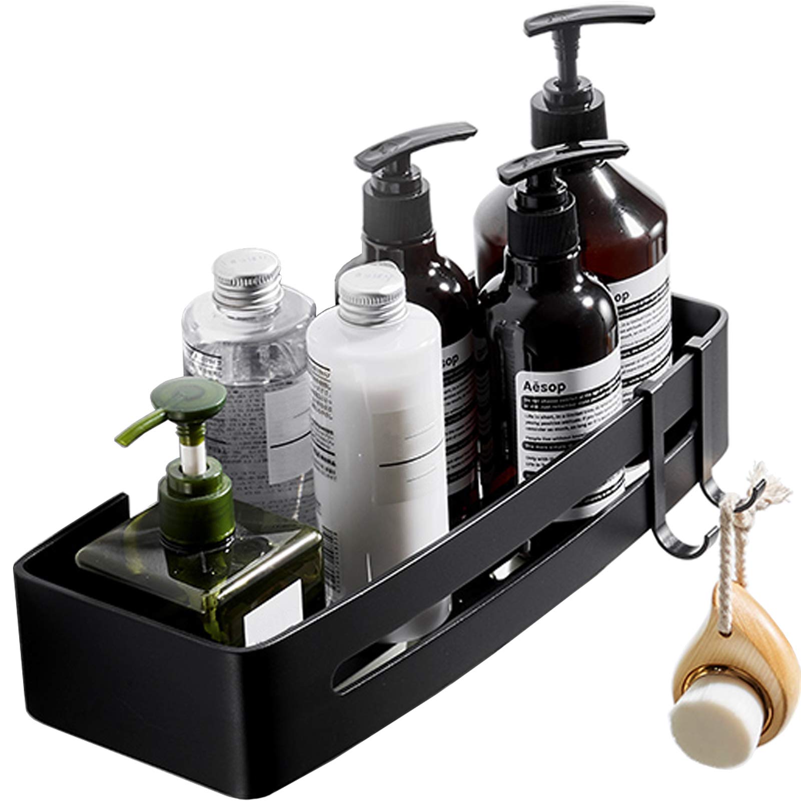 Havon Bathroom Shower Caddy Adhesive Shelf for Shampoo Storage, No Drilling Wall Mounted Shower Basket Organiser, Rustproof Aluminum with 2 Hooks, Black, 32 x 13 cm