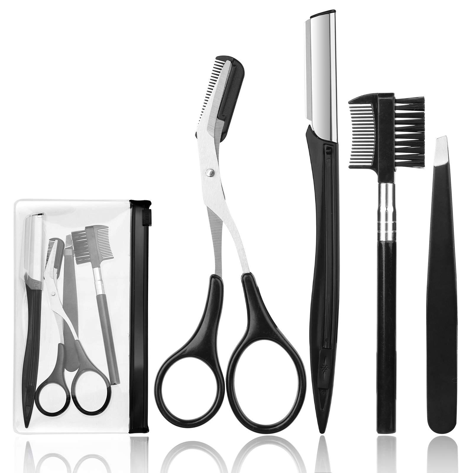 4 Pcs Eyebrow Trimming Kit, Eyebrow Grooming Set with Tweezers, Scissors, Razor and Brush, Facial Hair Grooming Tools for Women and Men